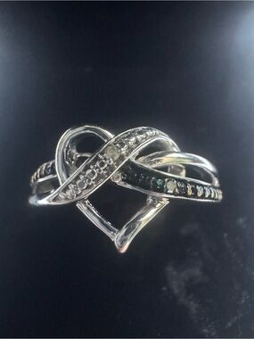 Jane Seymour Sterling Silver Heart & Infinity Ring with clear and black diamonds